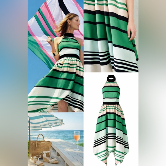 Anthro Troubadour Candymint Halter Dress Green Stripe Handkerchief Hem Size  12